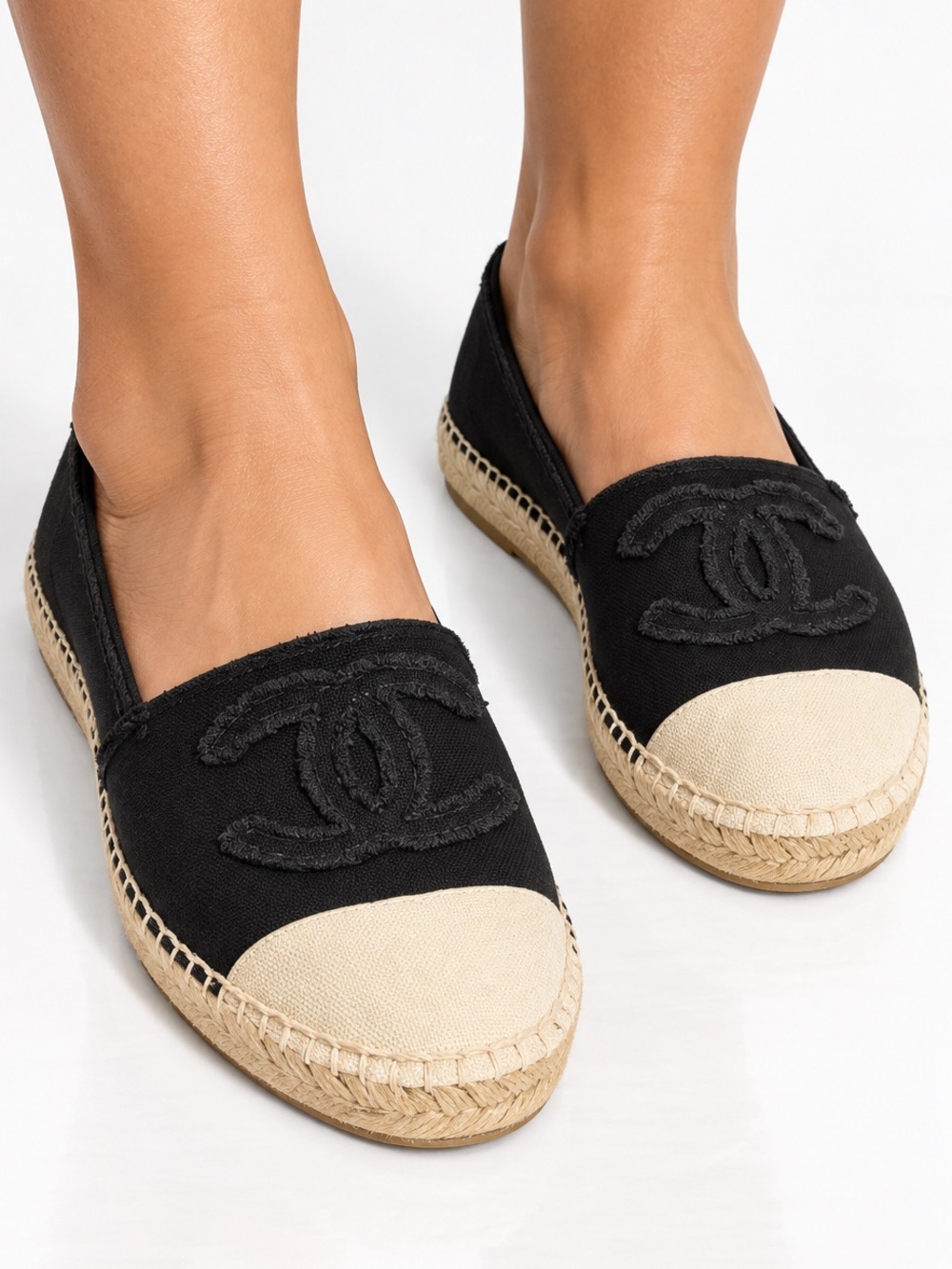 CHANEL CC :Logo Black & Beige Two Tone Espadrilles IT38